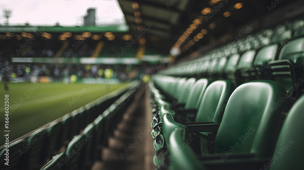 Obraz premium green seats in the stands of football stadium, a grassy field and green background