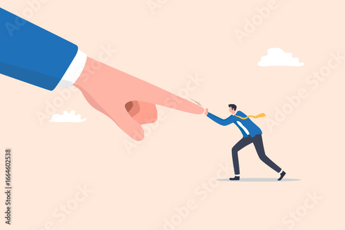 Businessman Pushing Back Against Giant Pointing Hand, symbolizing resistance, rejection, or challenge against authority in business.