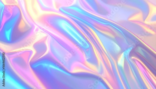 Dreamy holographic pastel background with fluid, shimmering folds of iridescent fabric, reflecting a soft spectrum of light and creating a captivating texture for modern design