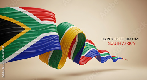 South African flag waving with text Happy Freedom Day