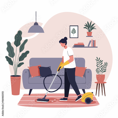 A woman diligently cleans her living room, vacuuming the rug with a modern vacuum cleaner, maintaining a spotless and fresh home environment with ease