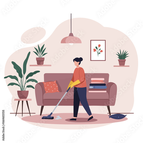 Woman Cleaning Living Room Floor with Vacuum Cleaner