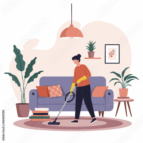 Woman vacuuming living room to maintain a clean and tidy home environment, showcasing a modern domestic scene