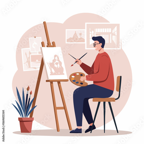 A Male Artist Painting at an Easel, Using a Palette and Brushes in a Studio