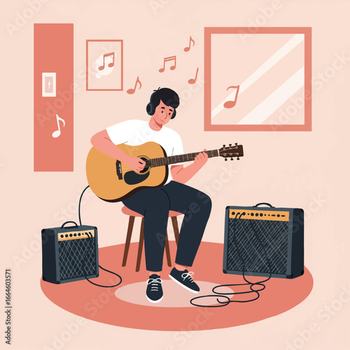 Man playing acoustic guitar in a room with amplifiers and musical notes