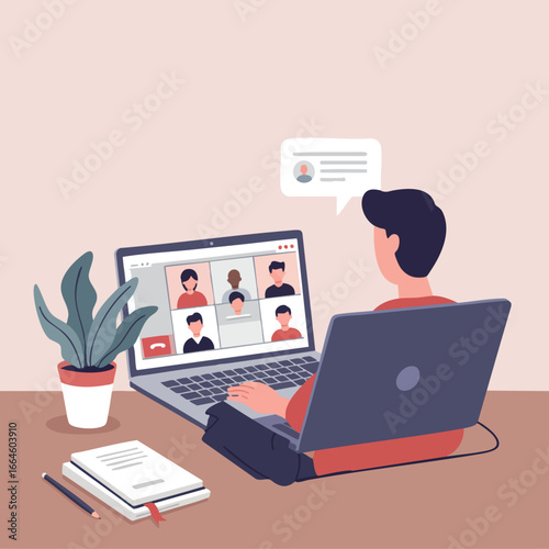 Online Meeting Illustration A Person Engaging in a Video Conference on a Laptop at Home