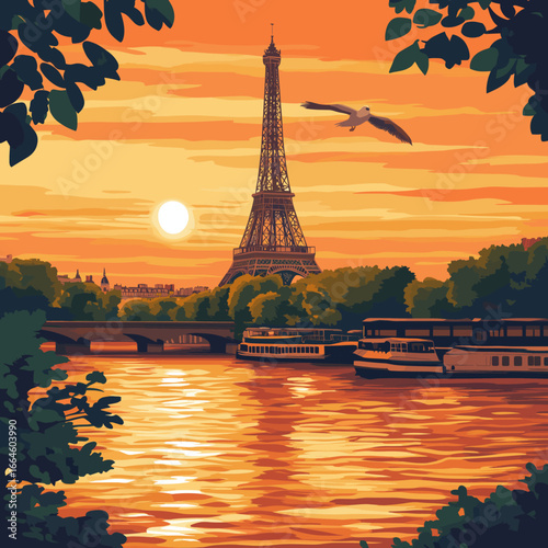 Eiffel Tower sunset reflection over the Seine River