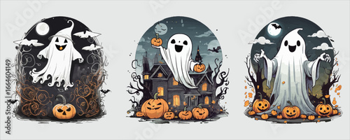 Art of haunted house with ghost and pumpkins at night