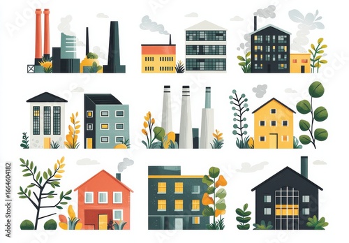  illustration of colorful industrial cityscape with plants