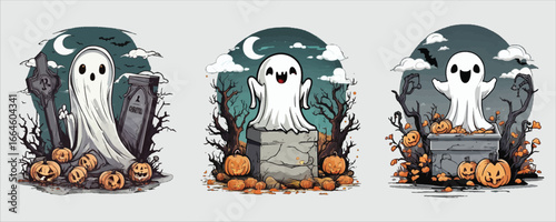 Art of three halloween ghosts in a graveyard scene