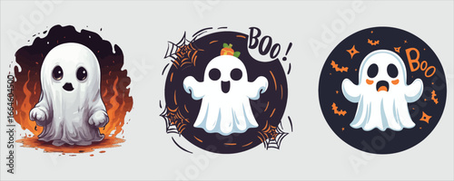 Art of three cute halloween ghosts with boo message