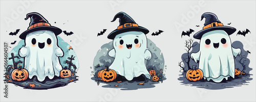 Art of cute halloween ghosts with pumpkins and bats