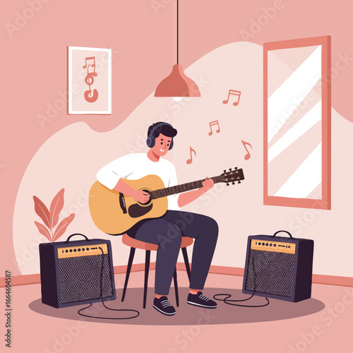 Young man in headphones playing acoustic guitar in a room with two amplifiers and musical notes floating around him, illustrating a hobby or passion for music
