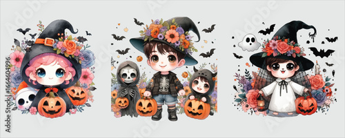 Art of three adorable halloween characters with pumpkins