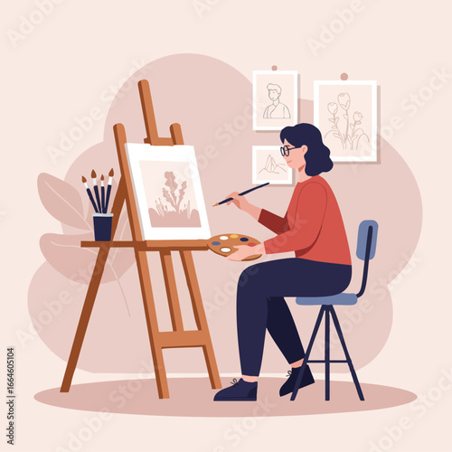 Woman Artist Painting in Her Studio