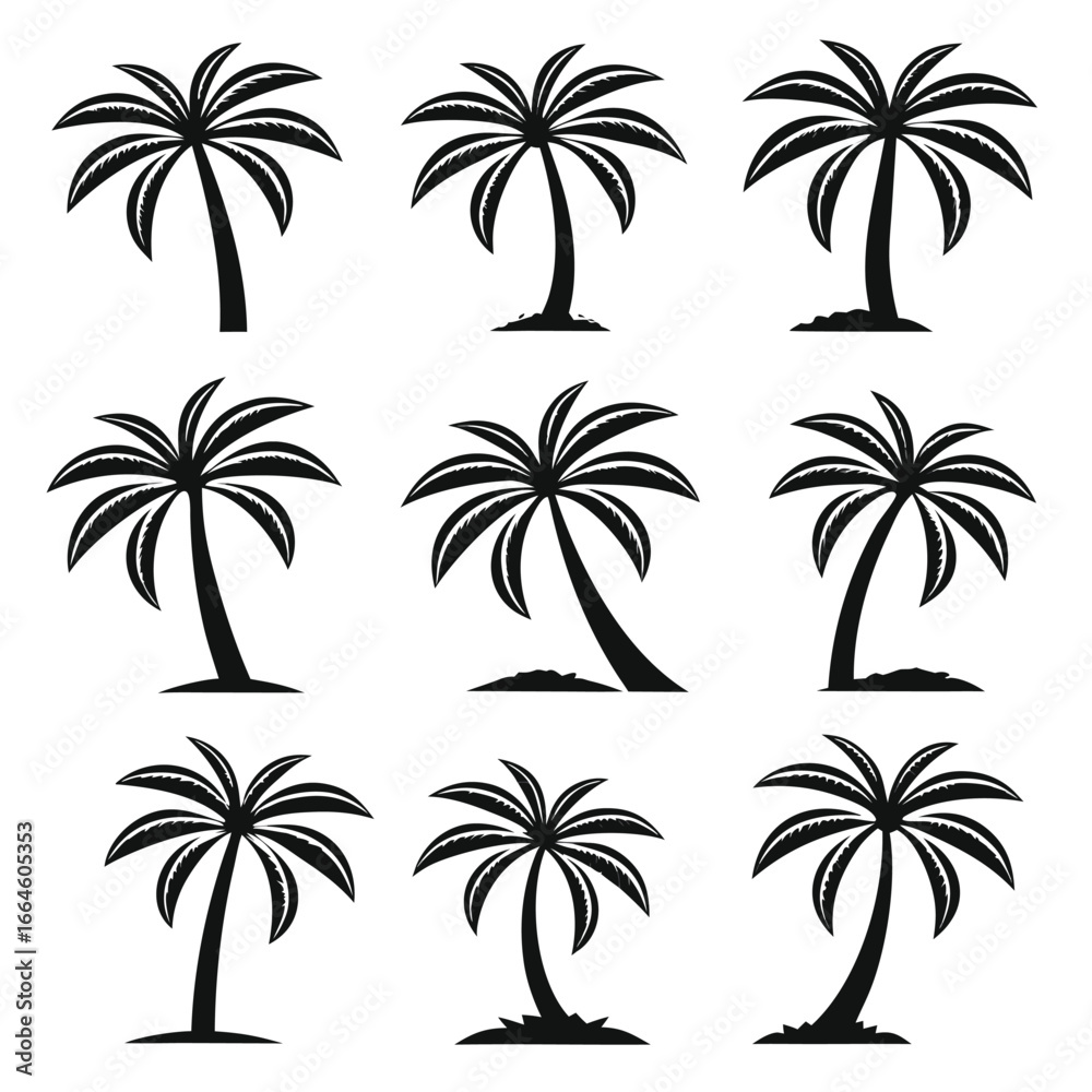 Fototapeta premium Collection of nine black silhouette palm trees tropical