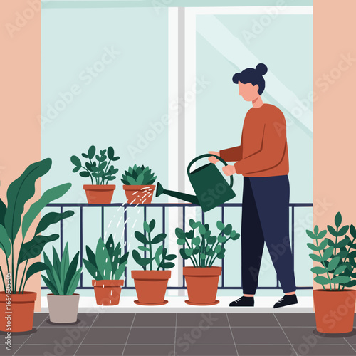 A young woman waters her beautiful collection of potted plants on the balcony of her apartment, enjoying a peaceful home gardening hobby