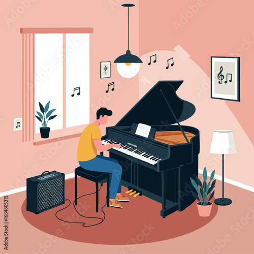 A person deeply immersed in playing a grand piano, creating melodious sounds that fill a modern, comfortable home setting, expressing a passion for music and dedicated artistic practice