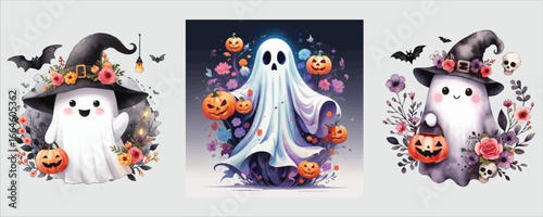 Art of cute halloween ghost with pumpkins and flowers