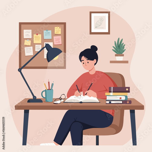 Focused student or remote worker diligently writing and learning at a cozy home desk setup with books, a lamp, and essential study tools, embodying productivity and self-improvement