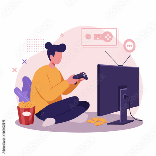 Illustration of a young man enjoying his leisure time by playing a video game at home with a controller and snacks