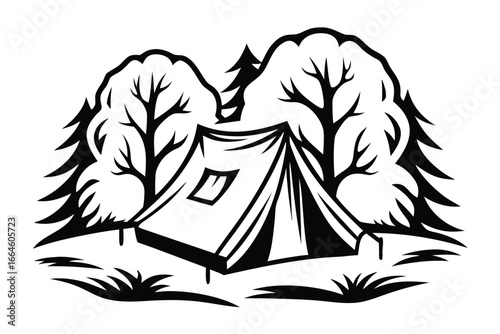 Camping Tent among Trees on White Background, Nature, Adventure
