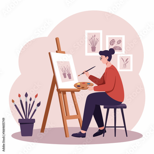 Creative woman artist absorbed in her painting process, working on a canvas with an easel in a cozy home studio setting