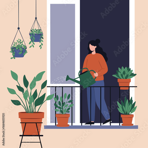 Illustration of a woman engaging in the relaxing hobby of caring for home plants on her beautiful city apartment balcony garden