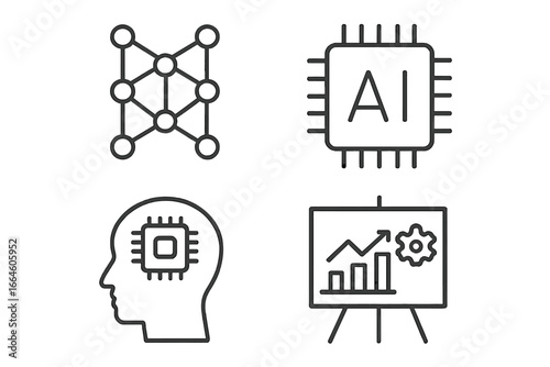 AI machine learning vector line icons. Artificial intelligence, neural network, processor chip, smart brain. Business data analysis, presentation chart, automation process technology.
