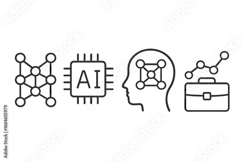 AI and machine learning line icon set. Artificial intelligence concepts for business. Neural network, ai chip, deep learning in human mind and data analytics for growth vector.