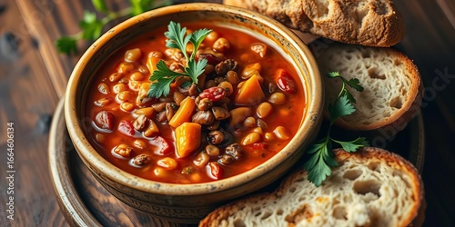 Hearty lentil stew in rustic bowl, crusty bread, still life, kitchen