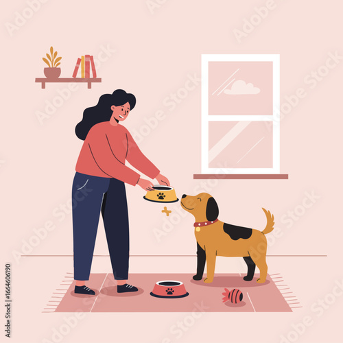 The daily routine and concept of pet care as a smiling woman gives a bowl of food to her cute canine companion at home