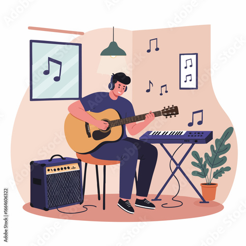 Young Man Playing Acoustic Guitar and Keyboard in Home Studio
