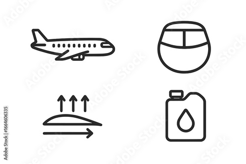 Aerospace industry line icon set. Aviation vector symbols. Passenger airplane, cockpit window, aerodynamic lift diagram, fuel can. Flight, transport, aircraft engineering icons.