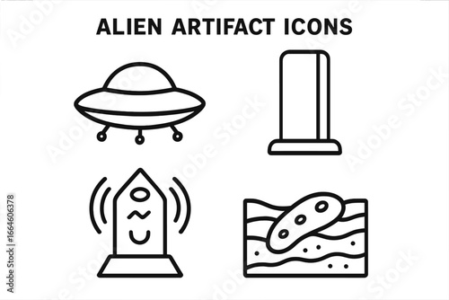 Alien artifact icons. Extraterrestrial discovery symbols including UFO, metal monolith, signal beacon, and ancient fossil. Sci-fi archaeology vector line illustration icon set.