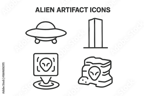 Alien artifact outline icon set. UFO, monolith, holographic glyph and extraterrestrial rock carving. Sci-fi symbols for detection, archaeology, mystery and space exploration.
