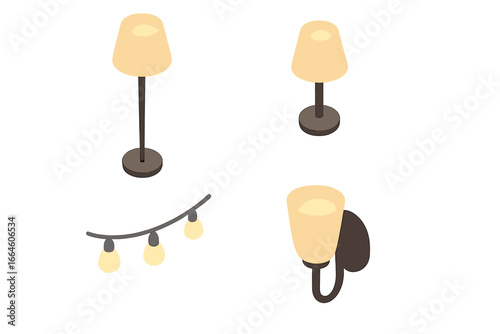 Isometric ambient lighting icon set. Vector collection of home decor floor lamp, table lamp, string lights, and wall sconce. Interior design furniture infographic element.
