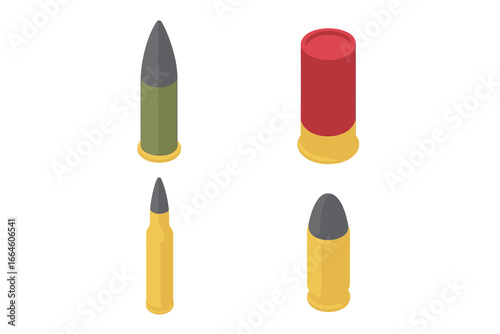 Isometric ammunition icon set with various bullet types. Vector collection of military ammo including artillery shell, shotgun shell, rifle cartridge, and pistol caliber rounds.