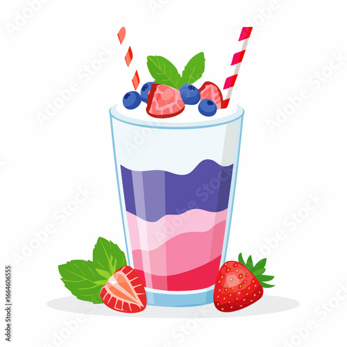 Vector illustration of a delicious layered fruit smoothie with blueberry, strawberry, and yogurt, garnished with fresh mint