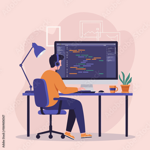 A dedicated software developer engrossed in coding on a desktop computer, representing the process of digital creation and technological innovation