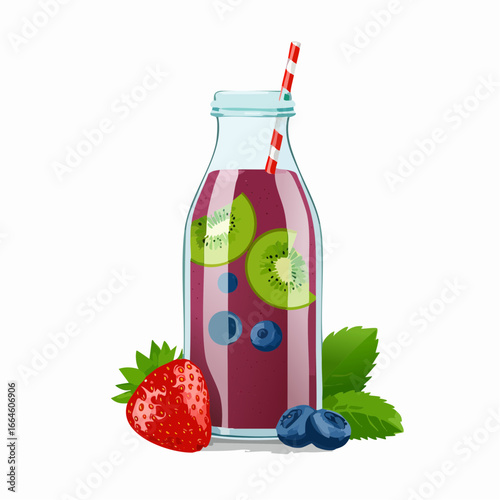 Refreshing glass bottle filled with a vibrant mixed fruit smoothie, featuring blueberries, kiwi, strawberries, and mint leaves