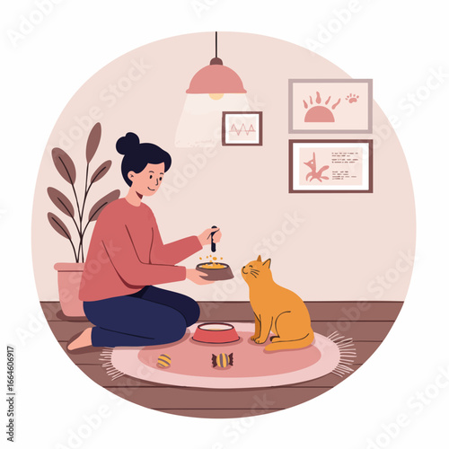 Cozy Indoor Scene with a Woman, Cute Pet, and Warm Atmosphere