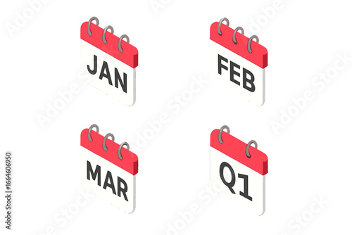 Annual planner vector icon collection. Isometric flat calendars for January, February, March, and Q1. Business schedule, date, and quarterly planning symbols. Organizer.