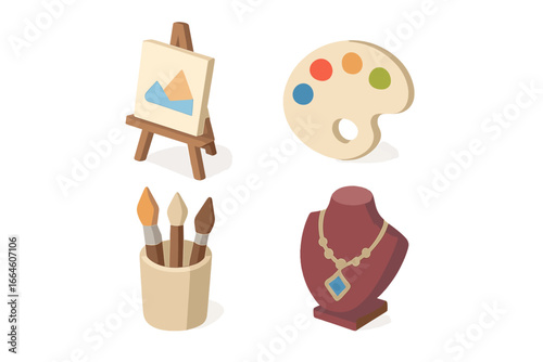 Art fair icon set. Isometric icons for craft market and creative hobbies. Includes artist easel, paint palette, brushes, and handcrafted jewelry. Vector illustration.