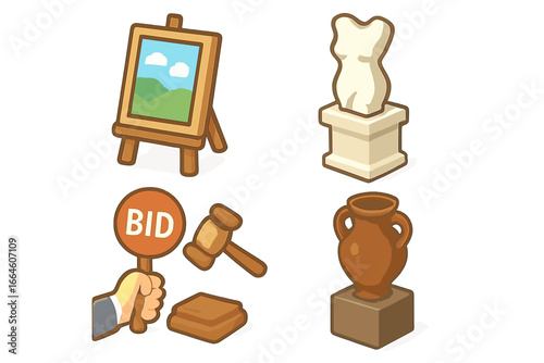 Art auction icon set. Isometric vector illustration of fine art and collectible bidding. Features painting on easel, antique sculpture, vase, gavel and hand with bid sign.