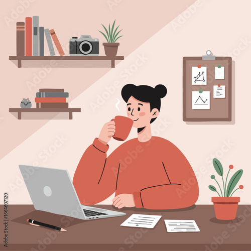 Relaxed Professional Enjoying Coffee and Working Remotely at Home Office Setup with Laptop and Plants