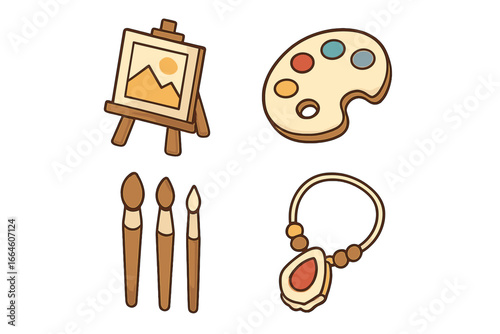 Art and craft fair icon set. Vector collection of creative hobby symbols like easel with painting, artist palette, brushes, and handcrafted jewelry for market or workshop designs.