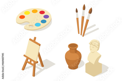 Art workshop essentials isometric icon set. Artist tools for painting, sculpture, and pottery. Vector collection with paint palette, brushes, easel, canvas, clay pot, and bust.