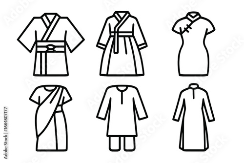 Asian traditional garments icon set. National costume vector illustration. Japan Kimono, Korea Hanbok, China Cheongsam, India Sari, Pakistan Shalwar Kameez, Vietnam Ao Dai.