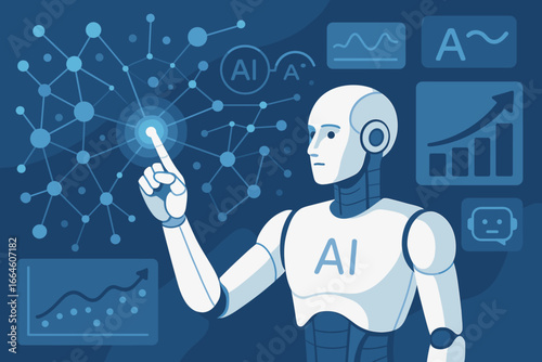 AI humanoid robot touching big data network for deep learning and business growth analysis. Machine learning algorithm, AI chatbot, and science of artificial intelligence concept.